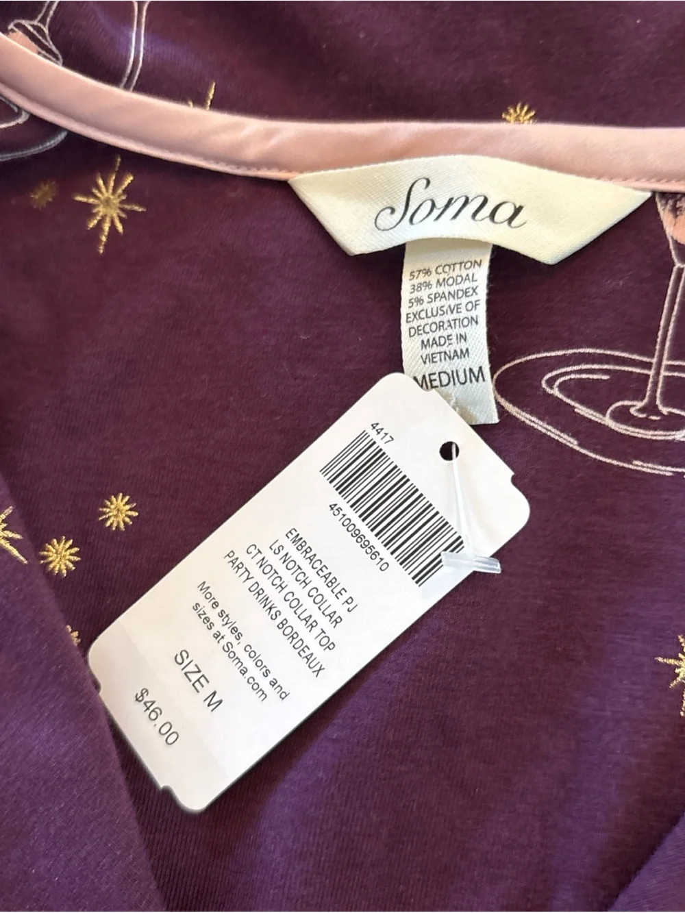 SOMA EMBRACEABLE L/S NOTCH COLLAR PJ TOP IN PARTY DRINKS BORDEAUX SIZE MEDIUM M
